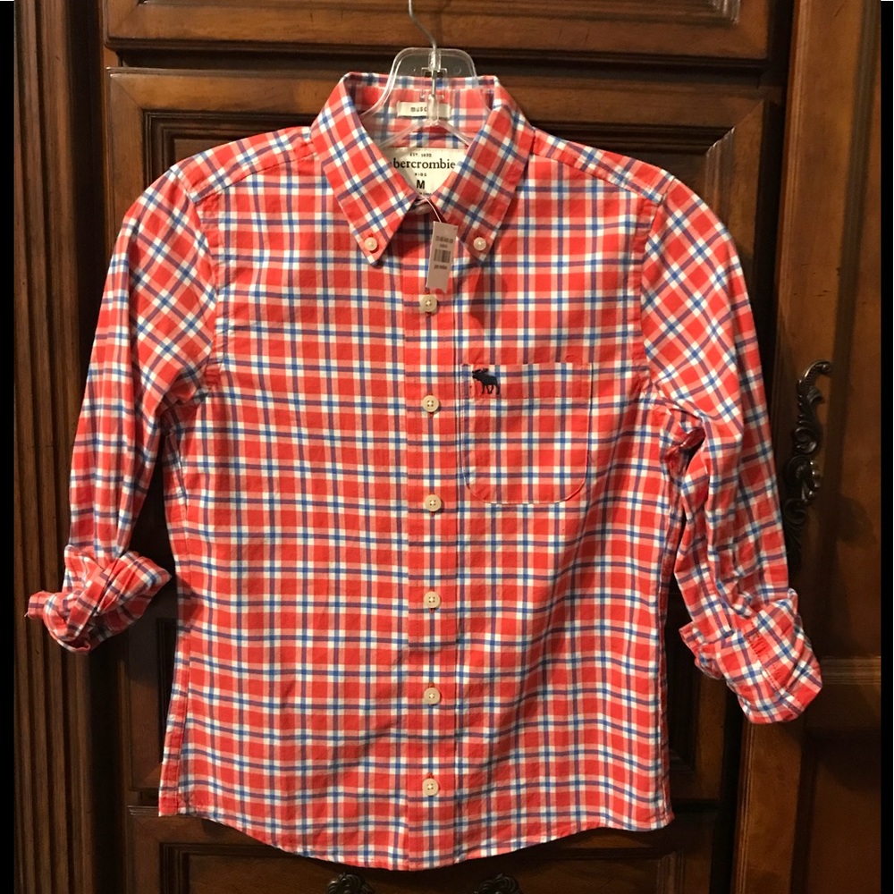 Red and white plaid flannel boys button down